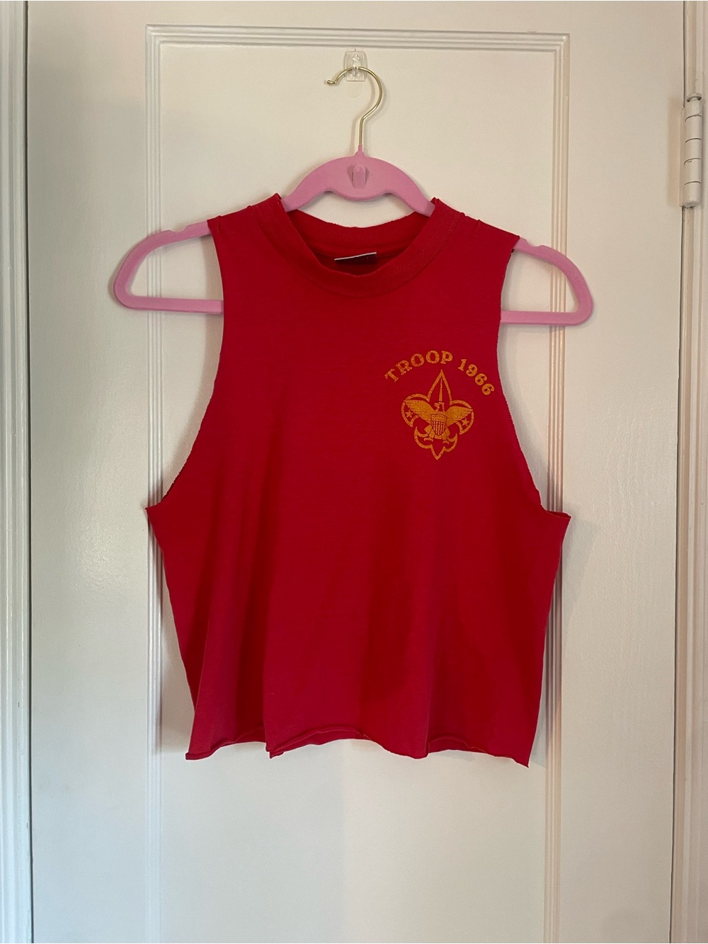 Vintage Boy Scouts of America Red Cropped T-Shirt with Yellow Troop Emblem